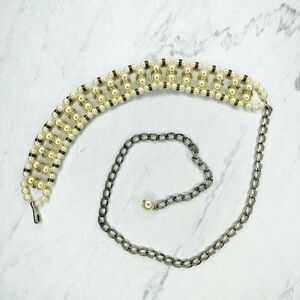 Chunky Faux Pearl Beaded Gold Tone Chain Link Belt Y2K One Size (OS) ✨